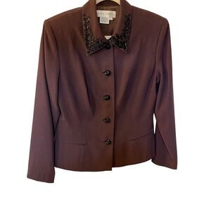 Maggy London Women's Brown Beaded Collar Career Blazer Jacket Size 10